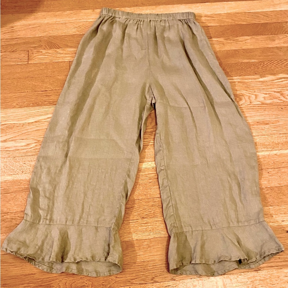 FLAX 100% Linen Wide Cropped Pants w Flounce
